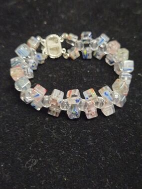 Multicolor Glass Cube Floral Bead Bracelet
